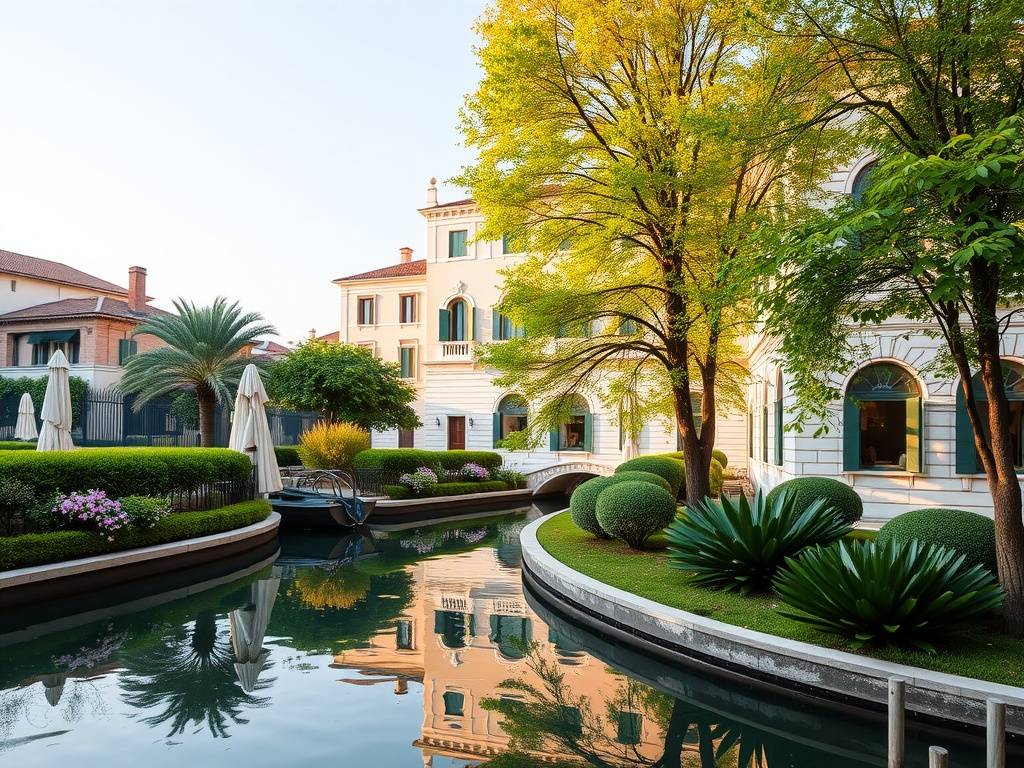 Aman Venice hotel with lush gardens and canal reflection