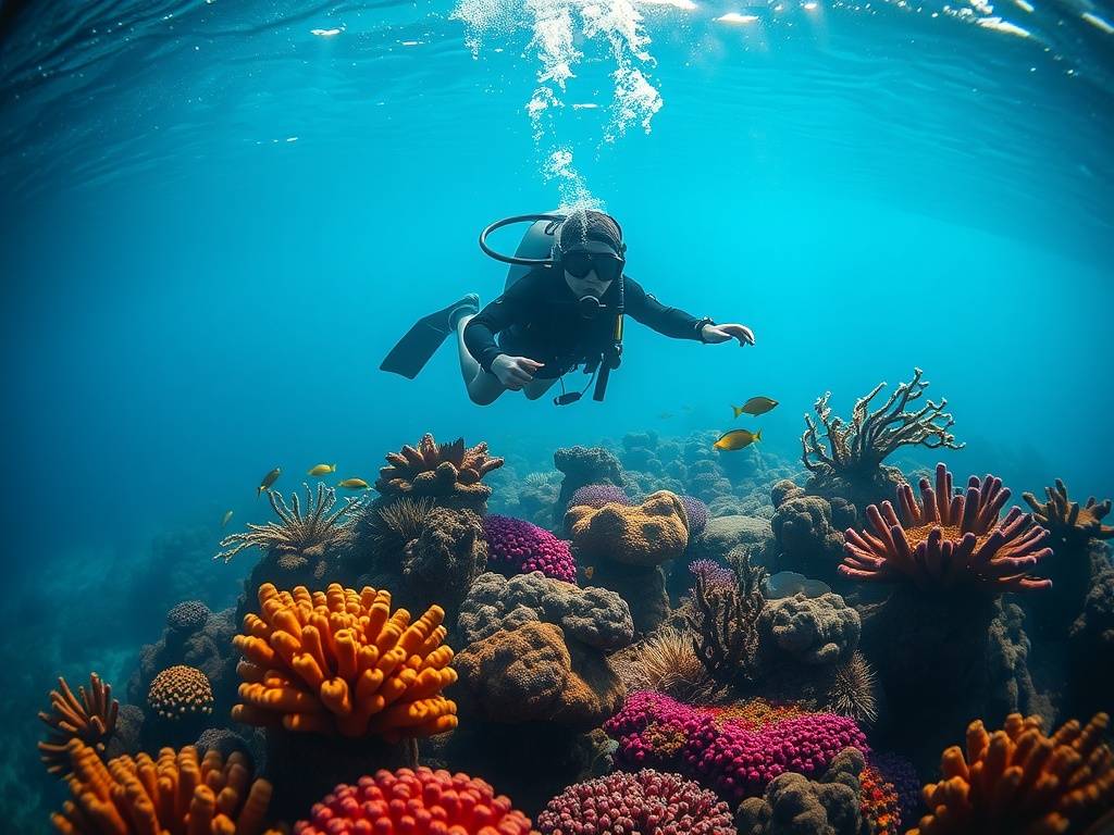 A diver exploring colorful coral reefs underwater in Andros, Bahamas.