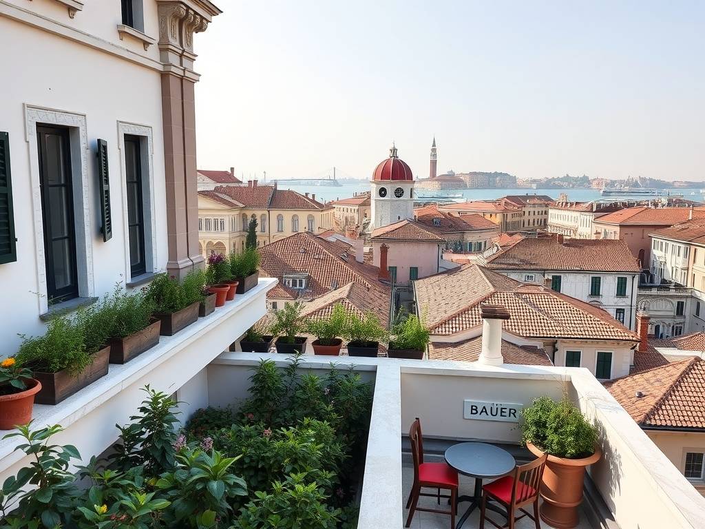 View from the terrace of Bauer Palazzo, showcasing Venetian rooftops and the waterfront.