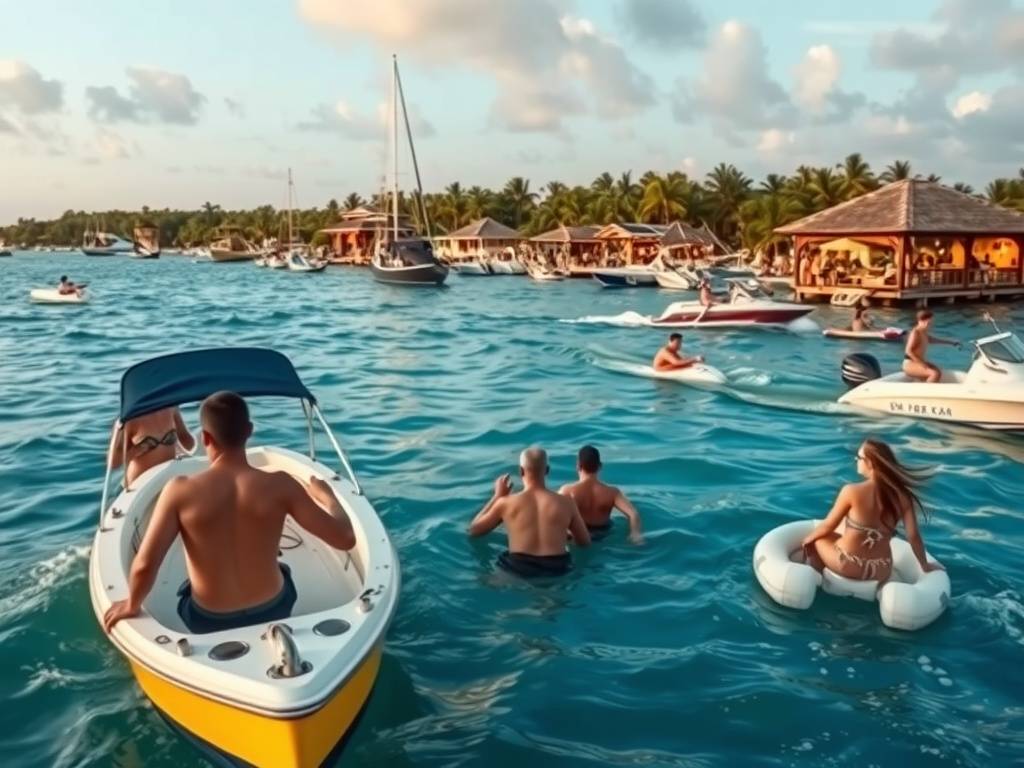 A lively scene in Bimini showcasing boating, swimming, and enjoying the beach atmosphere.