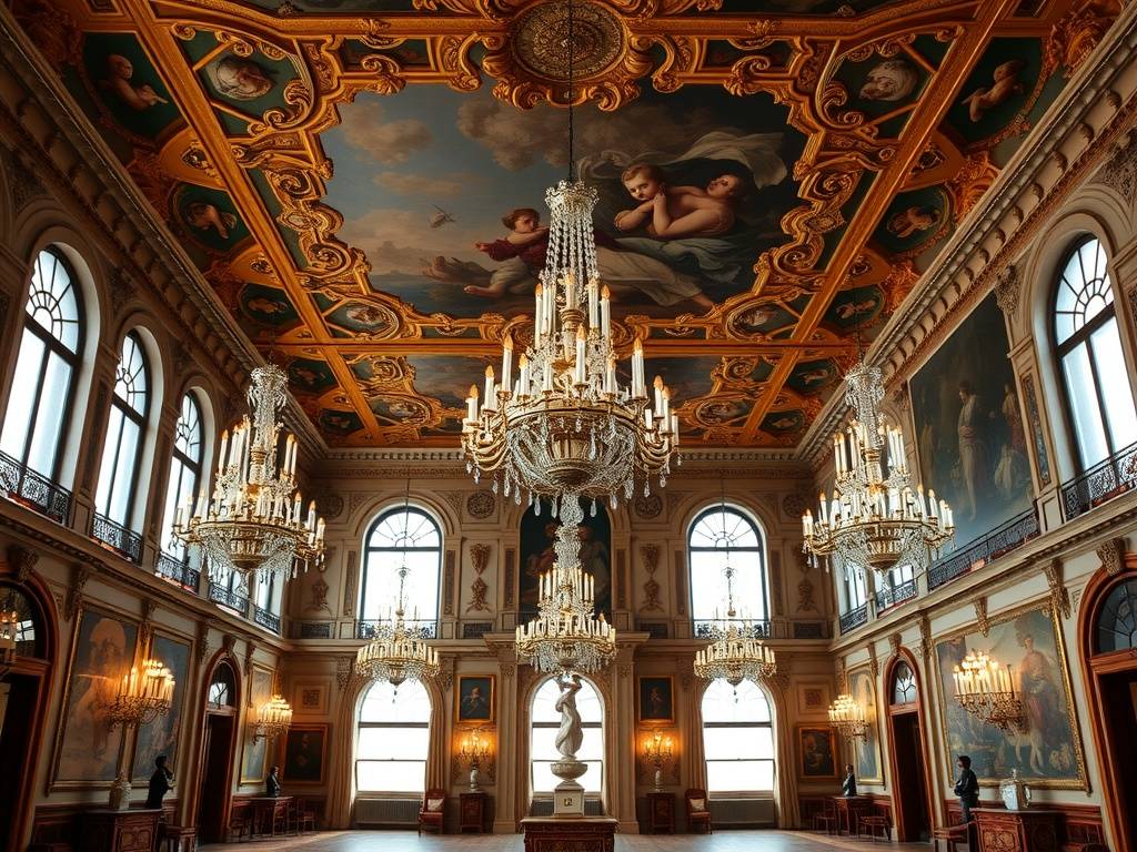 Interior view of Ca' Rezzonico showcasing chandeliers and paintings