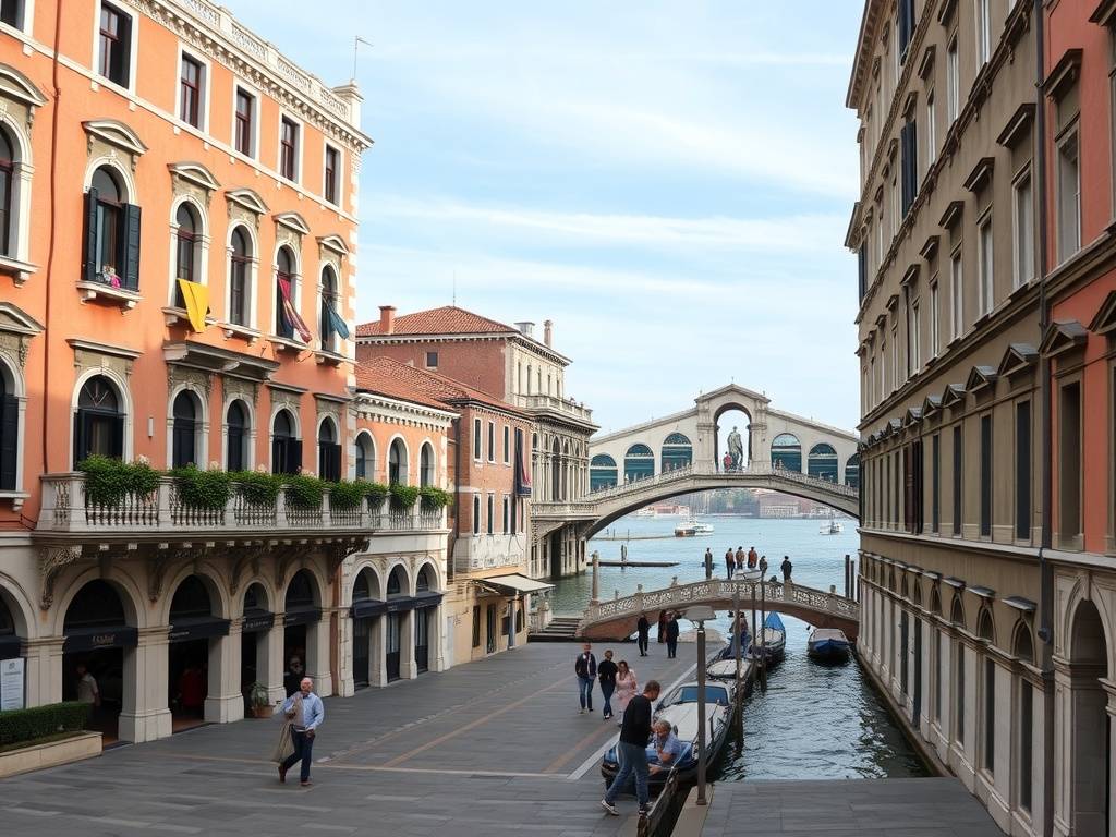 A picturesque view of the surroundings of Ca' Sagredo Hotel with the Grand Canal and Rialto Bridge.