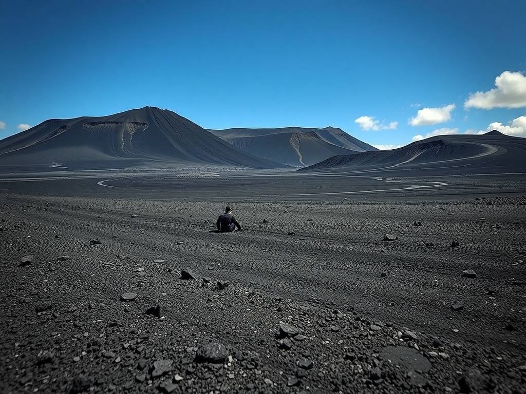 Une vue du paysage du volcan Cerro Negro à Lanzarote, mettant en valeur son terrain noir et une personne assise au premier plan.