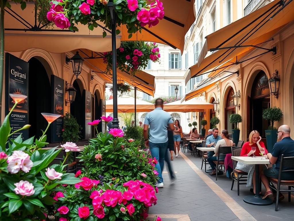 Outdoor dining area at Cipriani, A Belmond Hotel, with guests and vibrant flowers in Venice.