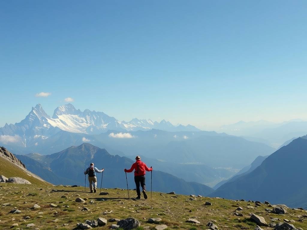 Two hikers on a mountain trail with scenic views of the Alps