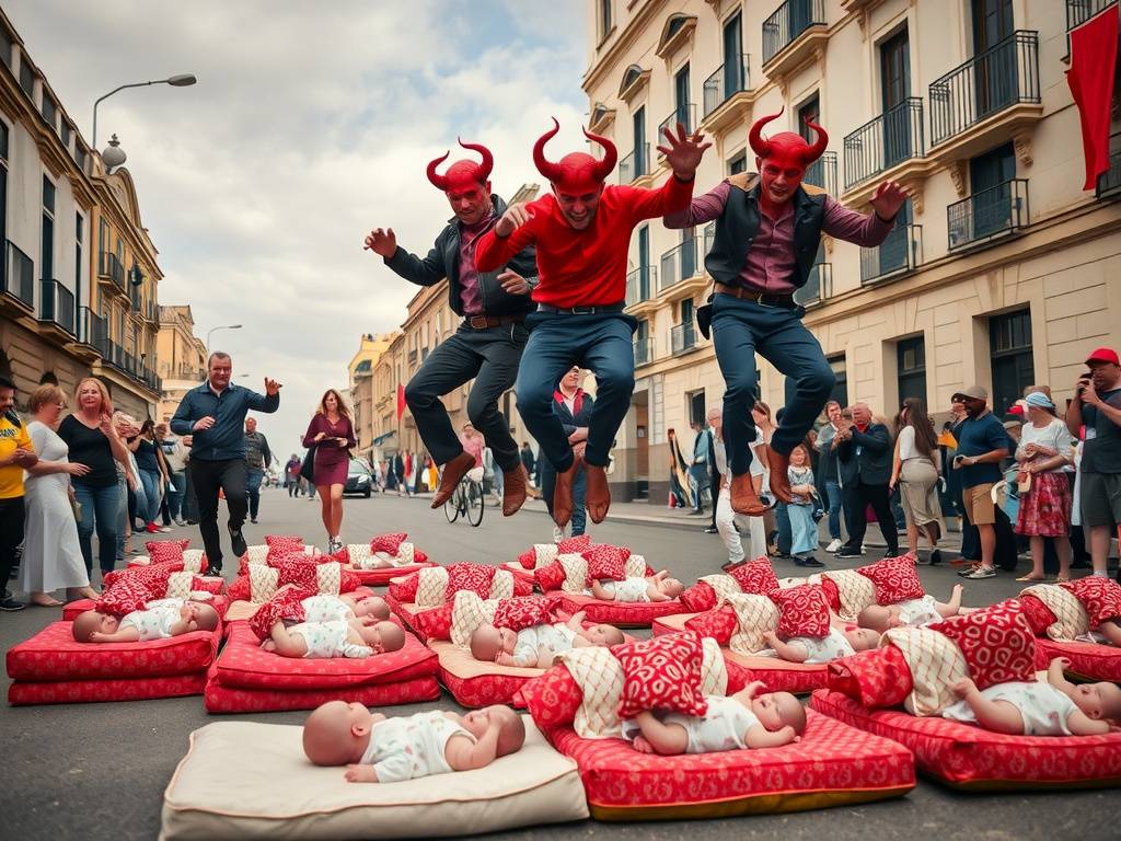 Men dressed as devils jumping over babies on mattresses during El Colacho festival