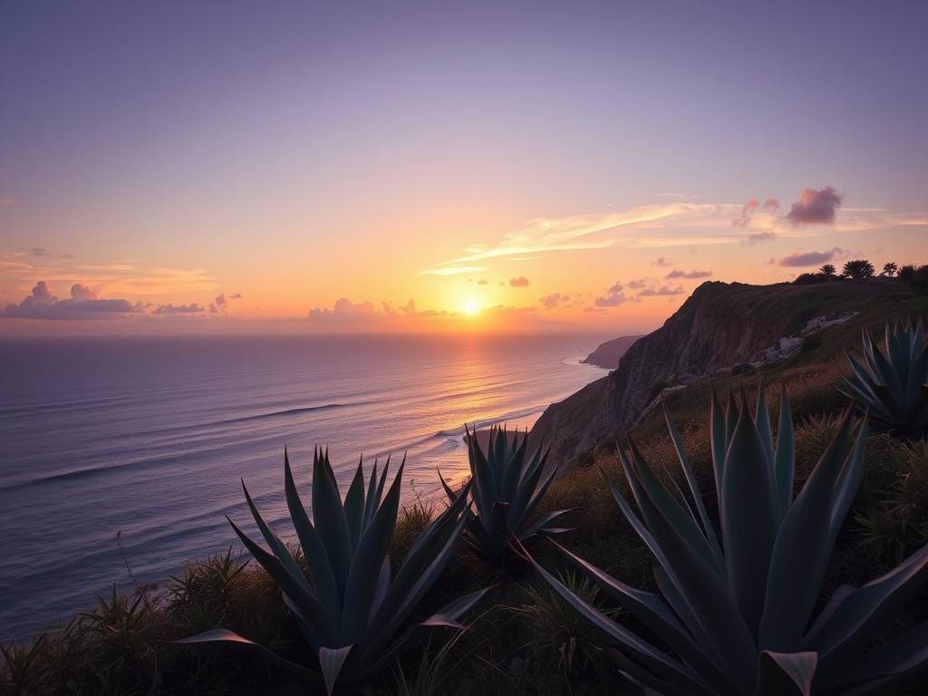 A serene sunset view over the ocean with coastal cliffs and plants