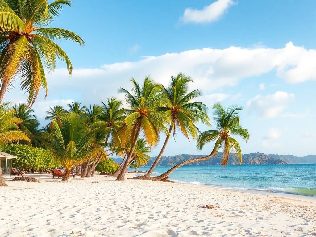 Beautiful beach with palm trees and clear blue water at Saona Island