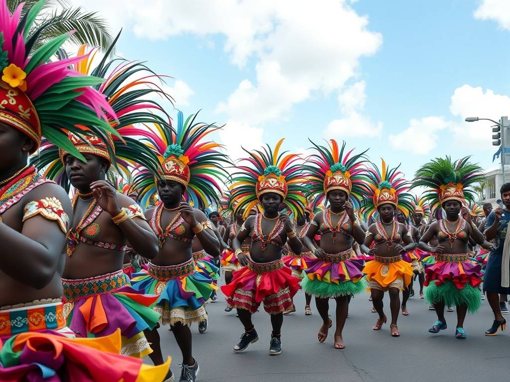 Colorful performers in traditional costumes dancing during the Junkanoo Festival in the Bahamas.