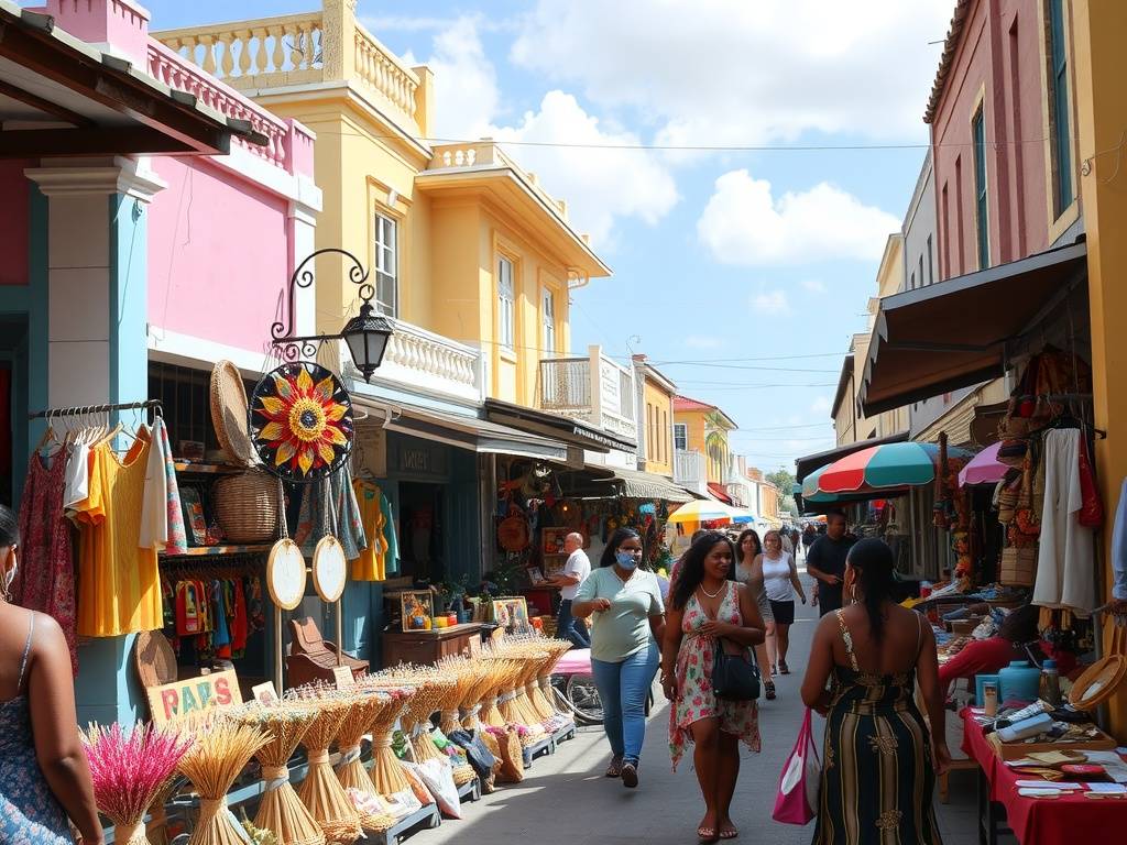 A vibrant street scene in Nassau, showcasing colorful buildings and local market stalls.