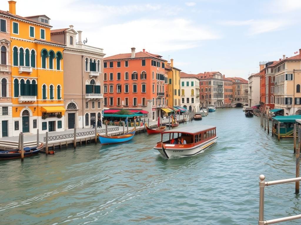 A scenic view of the Grand Canal in Venice with colorful buildings and boats.