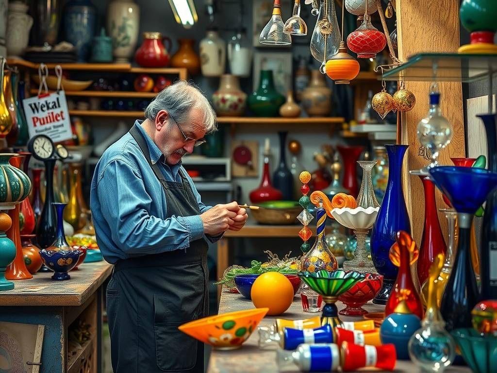 A craftsman working at a Murano glass workshop surrounded by colorful glass creations.