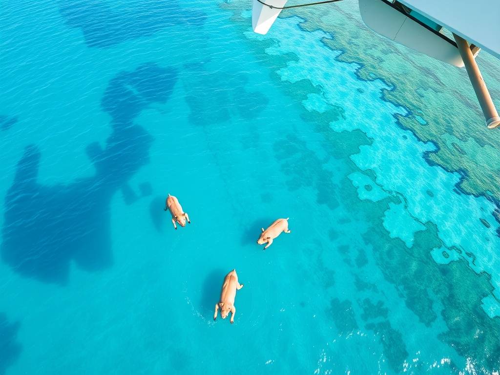 Aerial view of pigs swimming in the turquoise waters of Exuma.