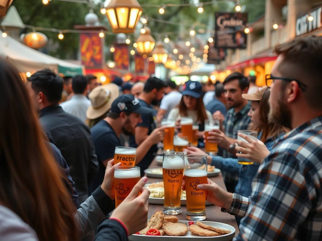 People enjoying a beer festival in Madrid, celebrating with drinks and snacks in a lively atmosphere.