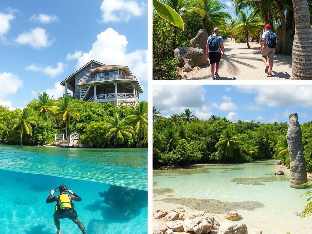 A collage of scenic views from Grand Bahama, featuring clear waters, sandy paths, and lush greenery.