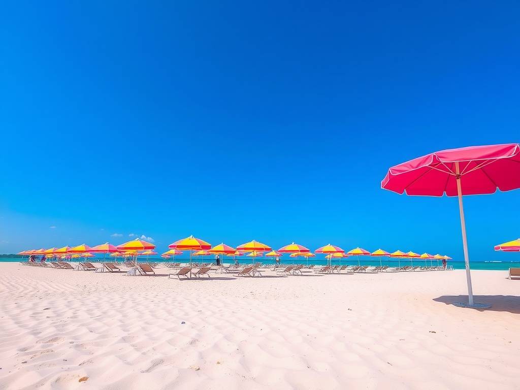 Beautiful pink sand beach with colorful umbrellas in Harbour Island, Bahamas