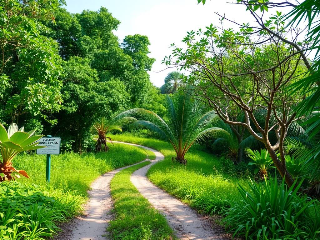 A scenic pathway through lush greenery in Lucayan National Park, inviting hikers to explore nature.