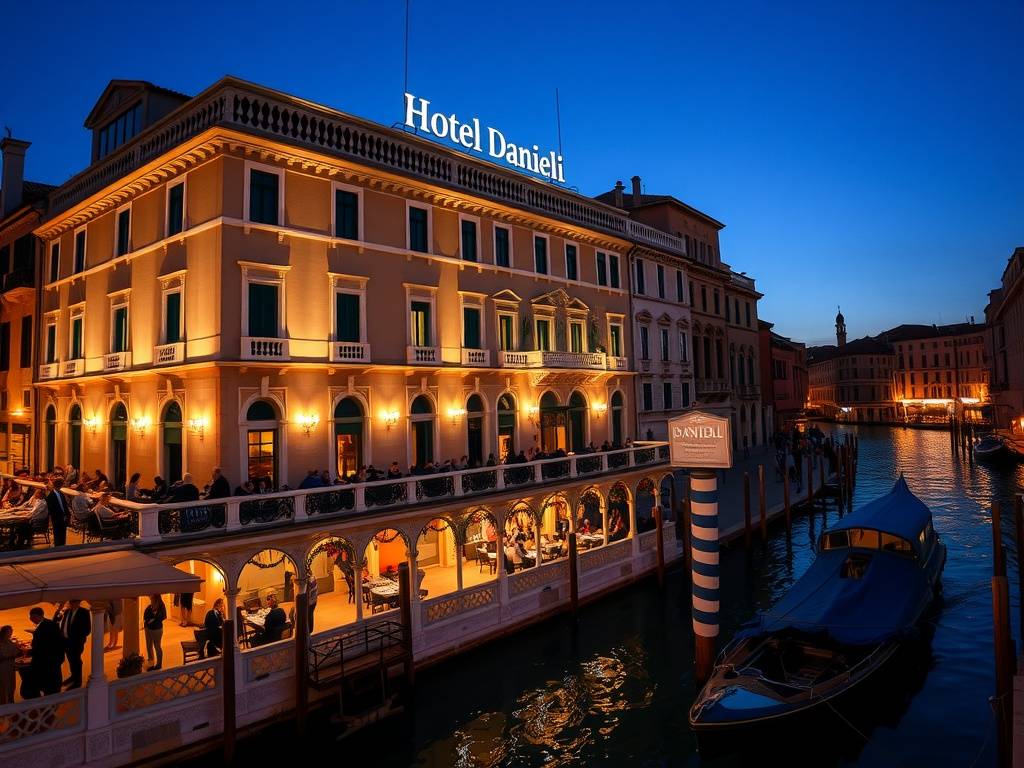 Hotel Danieli illuminated at night, showcasing its beautiful architecture along a Venetian canal.