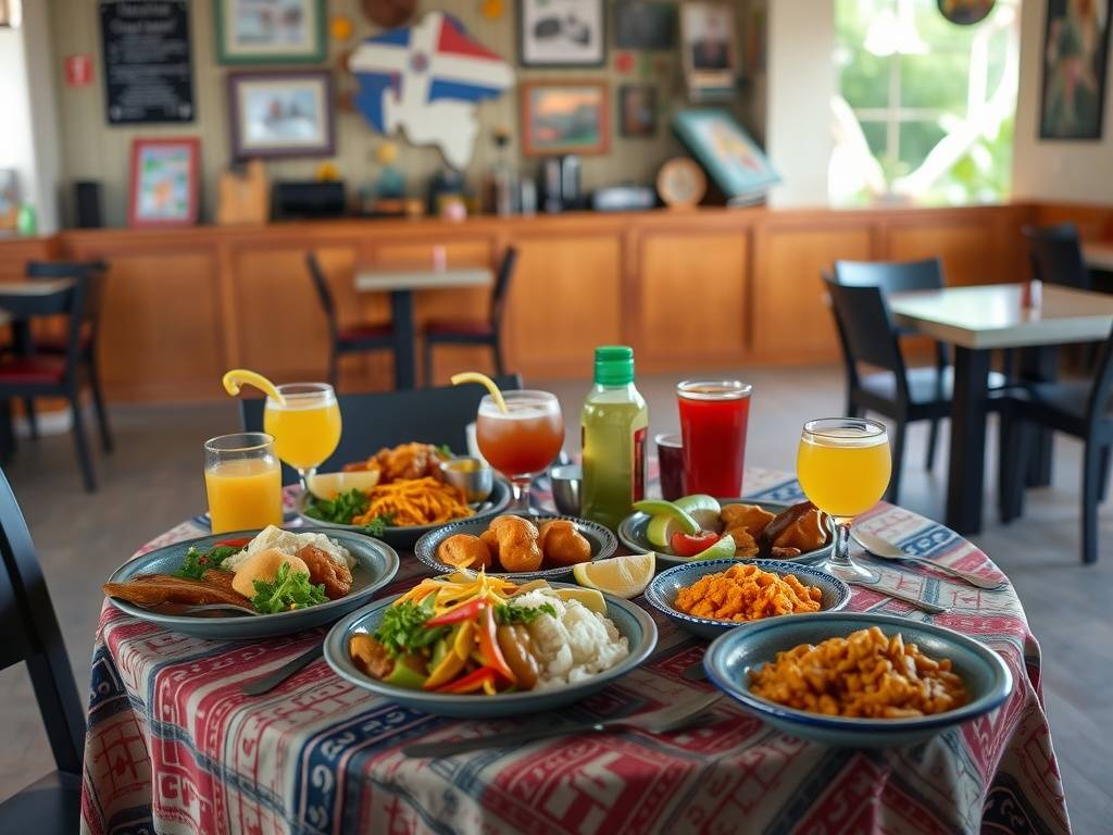 A table filled with various Dominican dishes and drinks in a restaurant setting.