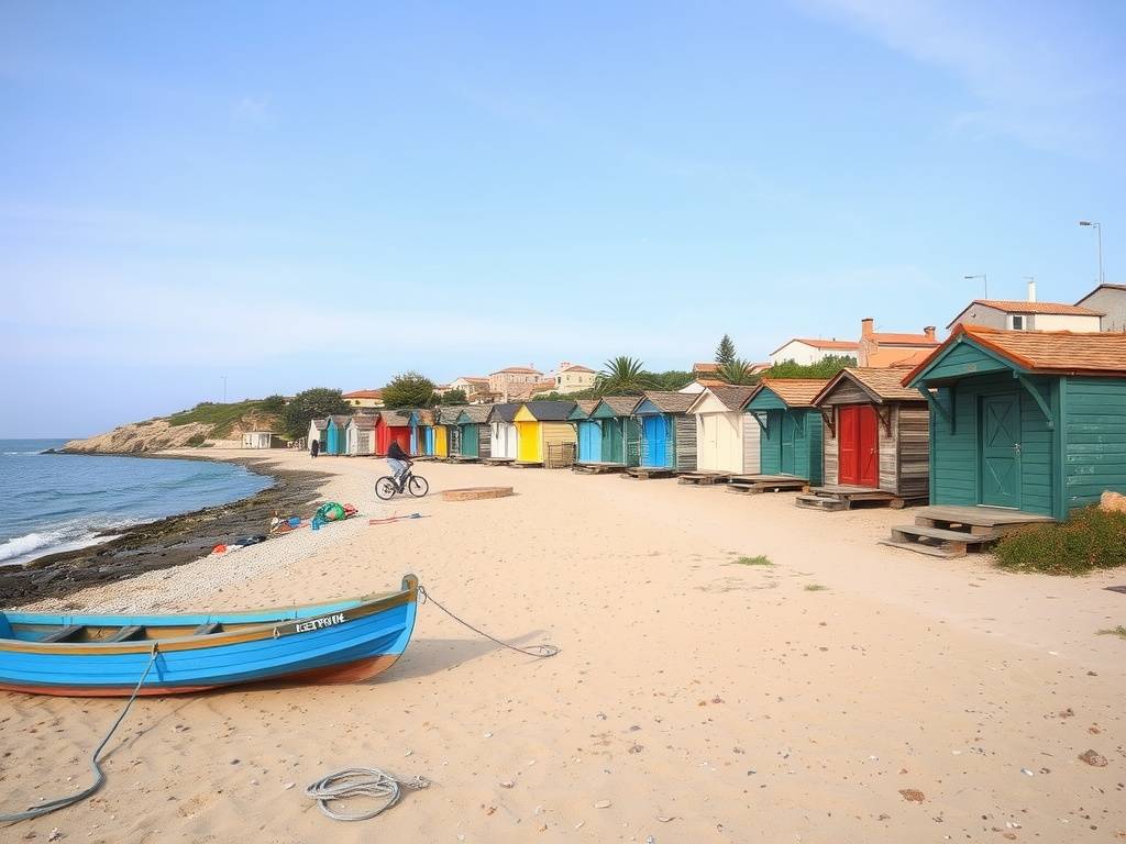 Colorful beach huts on a sandy beach with a calm sea