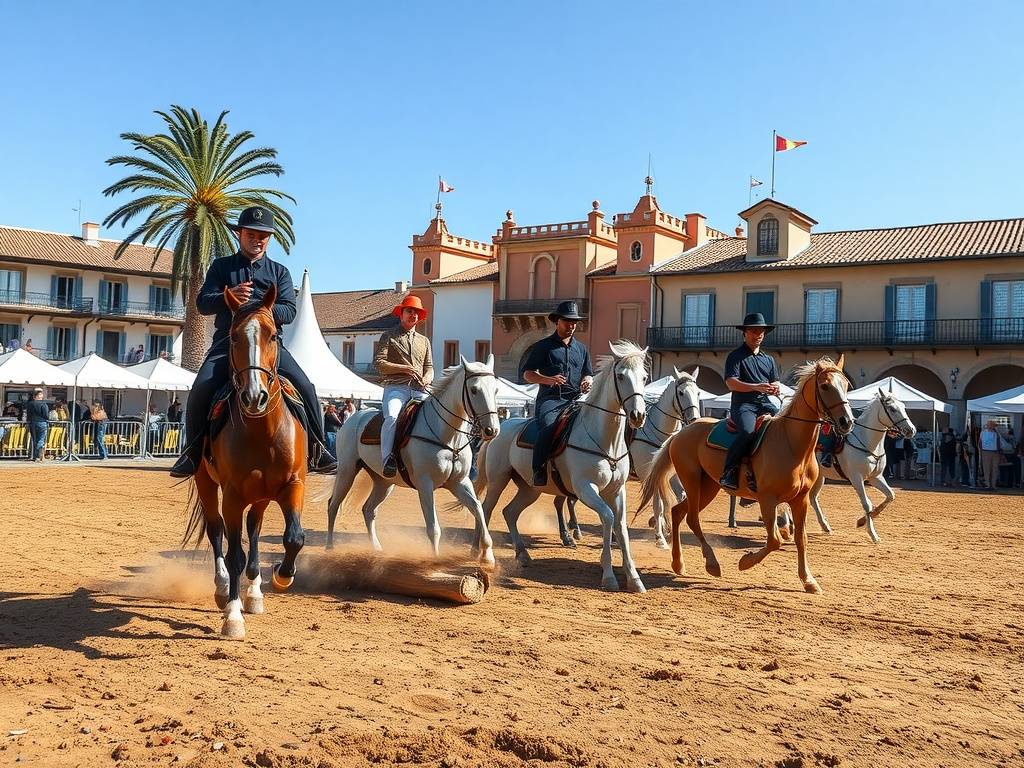 Riders showcasing horses at La Feria del Caballo in Jerez, Spain.