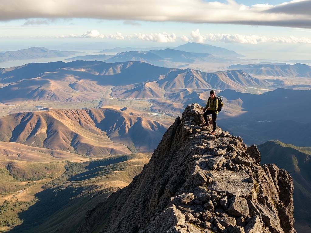 Personne debout sur une crête rocheuse surplombant un vaste paysage montagneux.