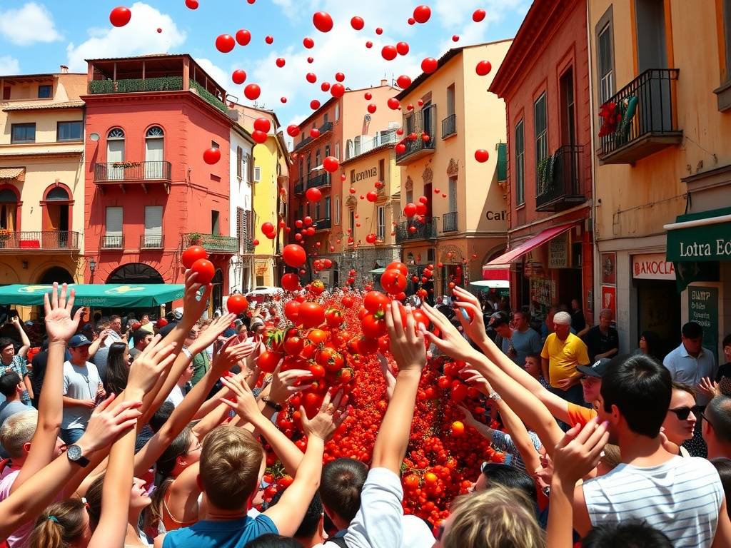 A vibrant scene from La Tomatina festival, showcasing people joyfully throwing tomatoes in a colorful town setting.