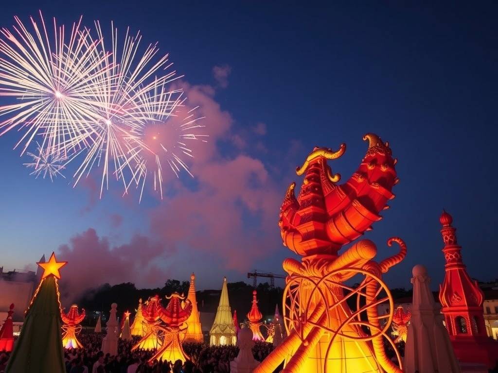 Fireworks and colorful figures during Las Fallas festival in Valencia, Spain.