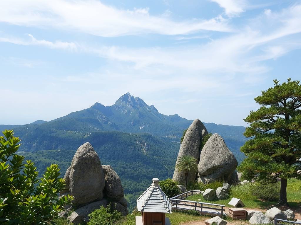 Vue sur le mont Galdana entouré de verdure luxuriante et de formations rocheuses.