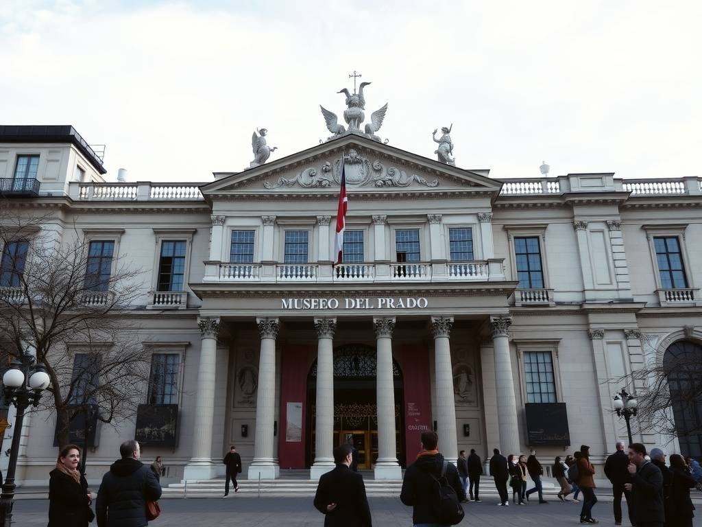 Facade of Museo del Prado in Madrid with visitors outside.