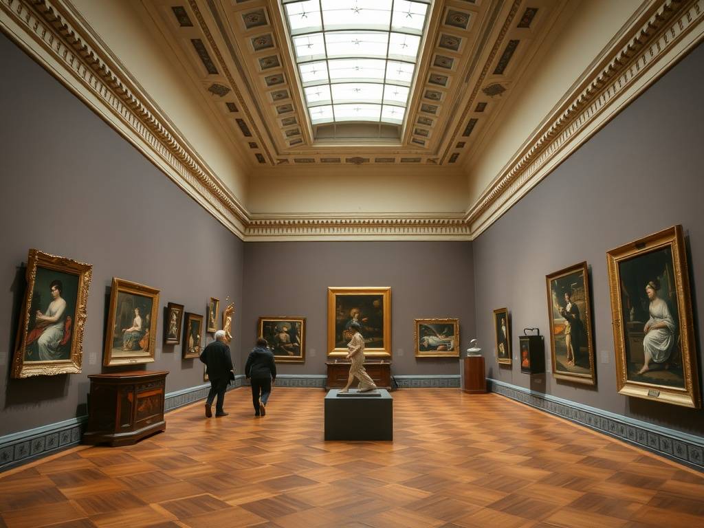 Interior view of Museo Thyssen-Bornemisza with visitors admiring art