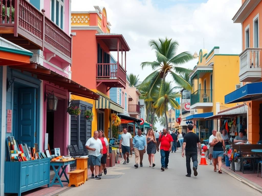 A vibrant street scene in Nassau, showcasing colorful buildings and people enjoying the atmosphere.