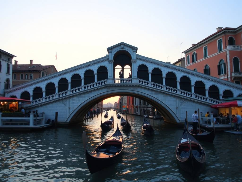 Pont du Rialto avec gondoles sur le Grand Canal au coucher du soleil