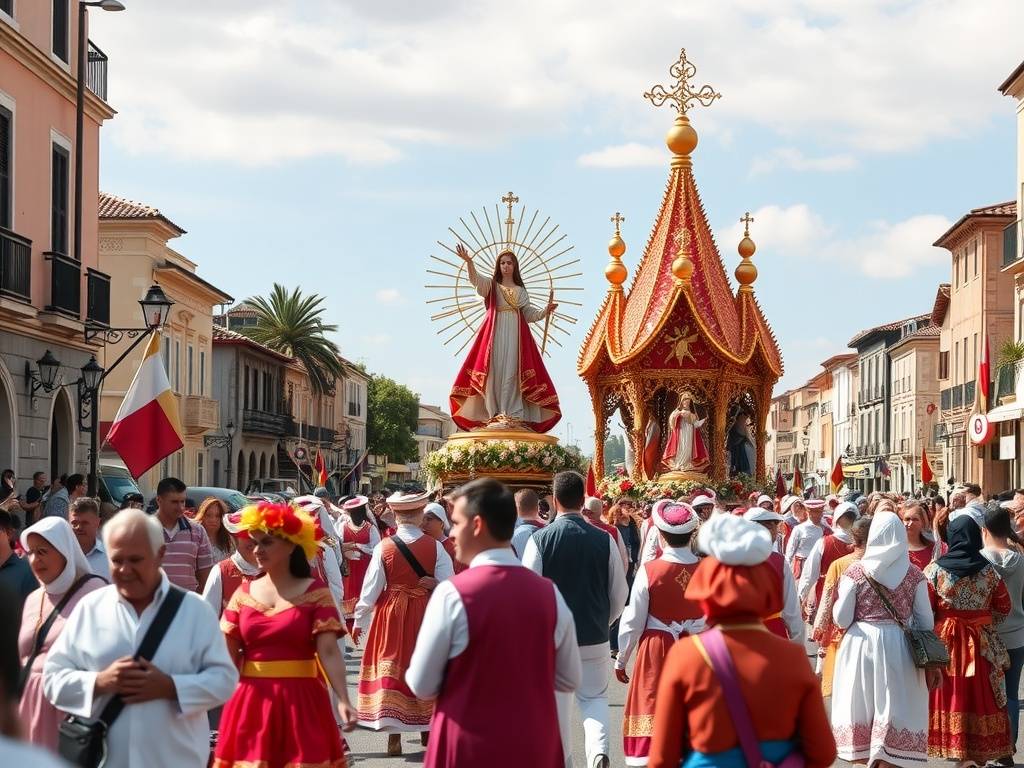 Participants in traditional attire celebrating the Romería del Rocío pilgrimage in El Rocío.