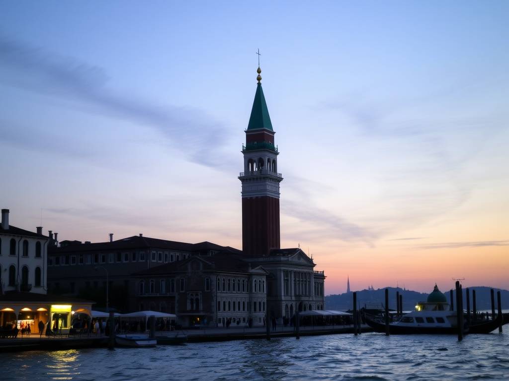 A silhouette of San Giorgio Maggiore church at sunset by the lagoon.