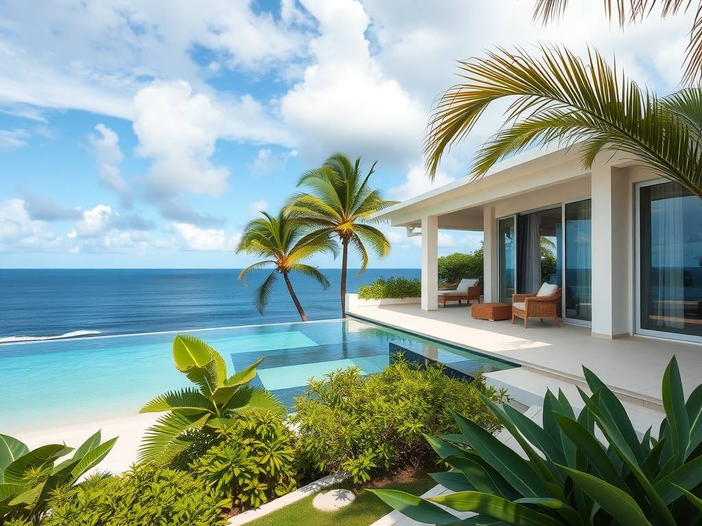 Une villa sereine en bord de mer avec vue sur l'océan, dotée d'une piscine privée et d'une verdure luxuriante.