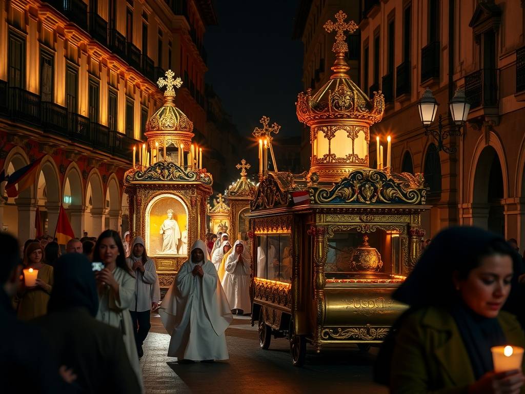 A nighttime procession during Semana Santa in Seville, showcasing ornate floats and participants in traditional attire.