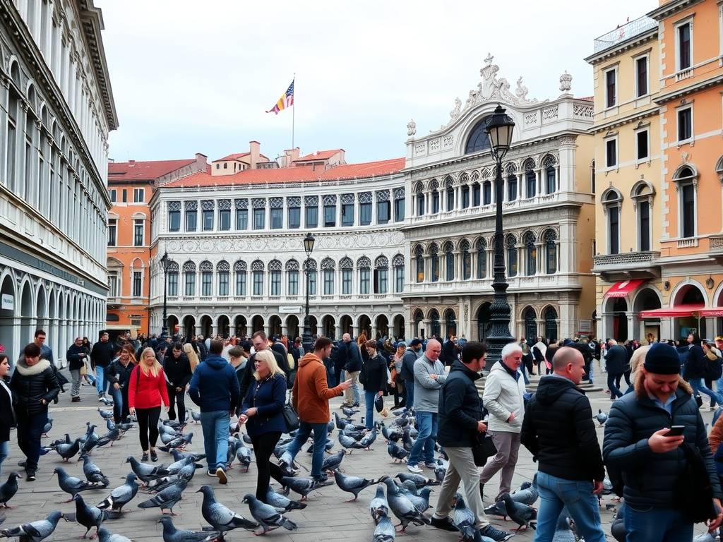 Visitors strolling through St. Mark's Square, surrounded by historic architecture and pigeons.