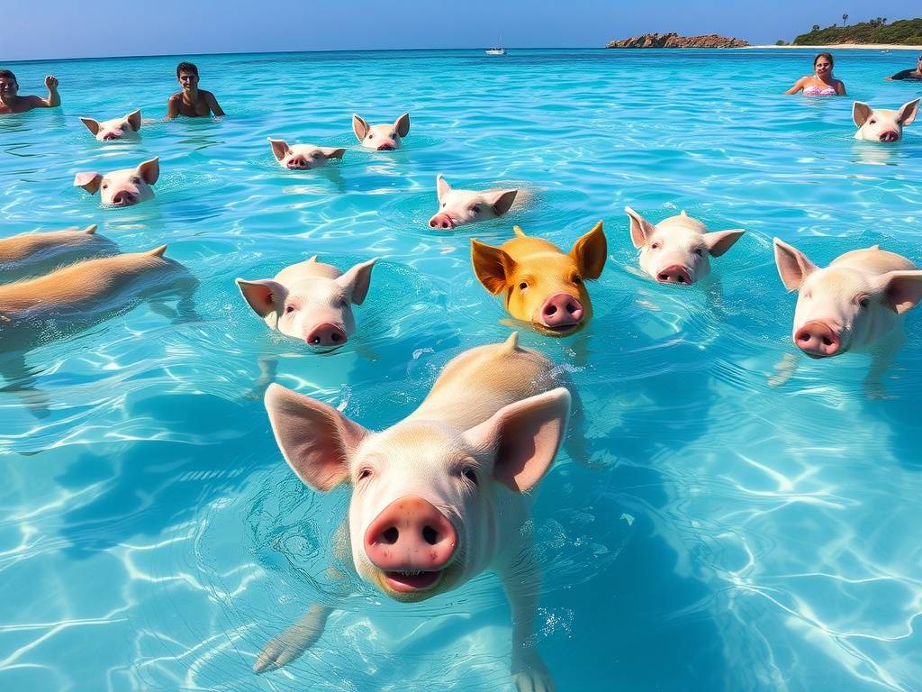 Swimming with pigs in Exuma, Bahamas.