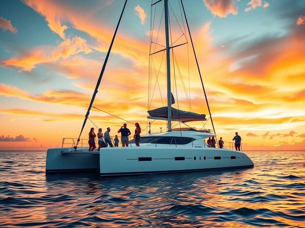 A group of people enjoying a sunset catamaran cruise in Punta Cana