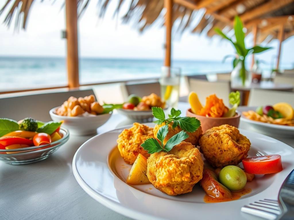 A table setting with a plate of conch fritters and colorful side dishes, showcasing Bahamian cuisine in a beachside restaurant.