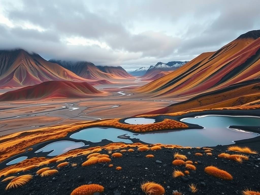 Scenic view of the Laugavegur Trail in Iceland, featuring colorful mountains and a vast valley.