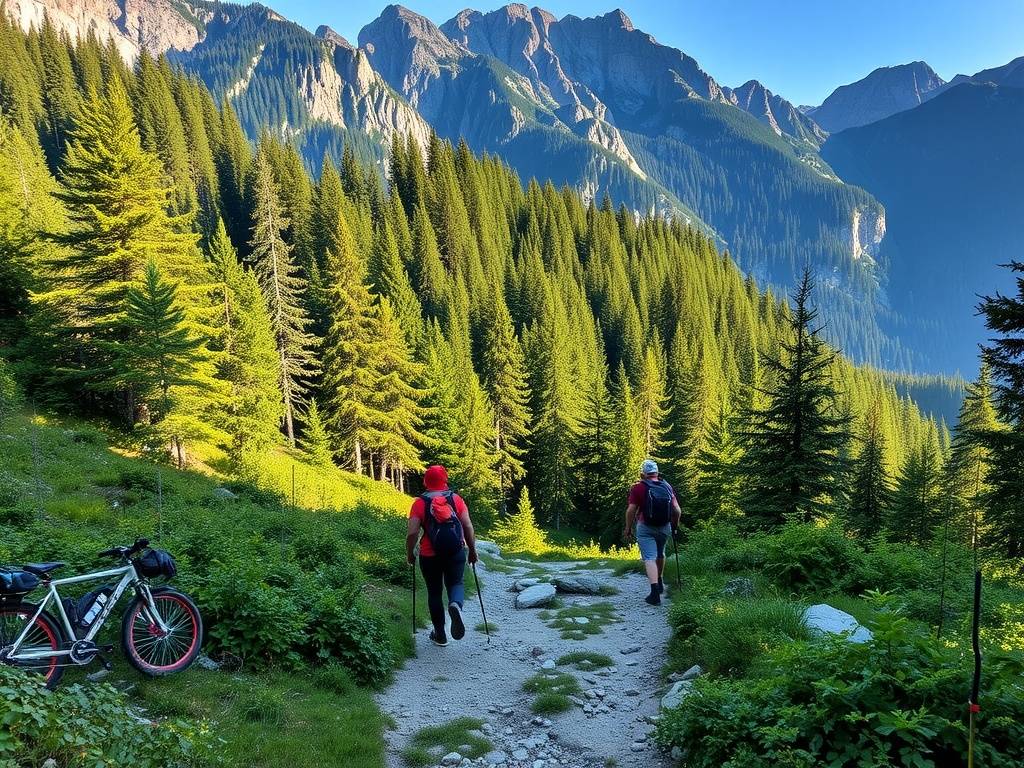 Hikers on the Wolf Trail in Slovenia, surrounded by lush greenery and mountains