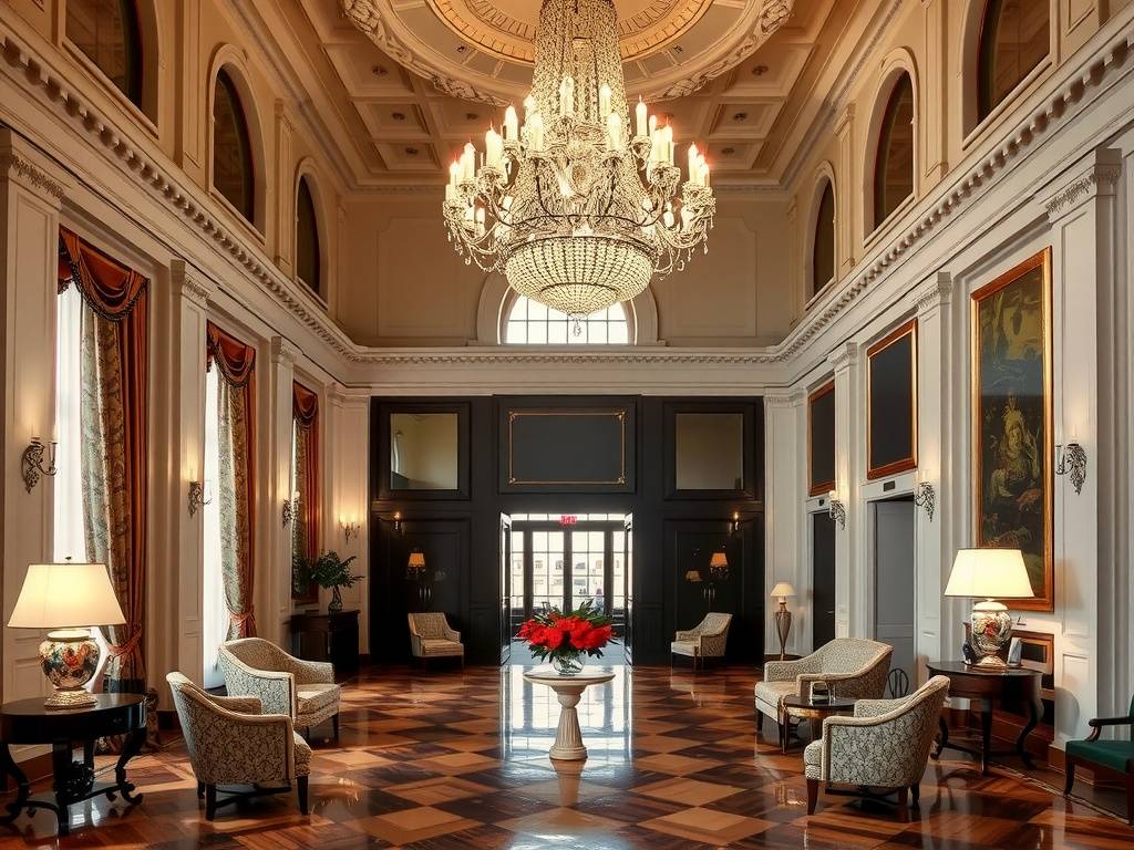 The elegant lobby of The St. Regis Venice featuring a chandelier and comfortable seating