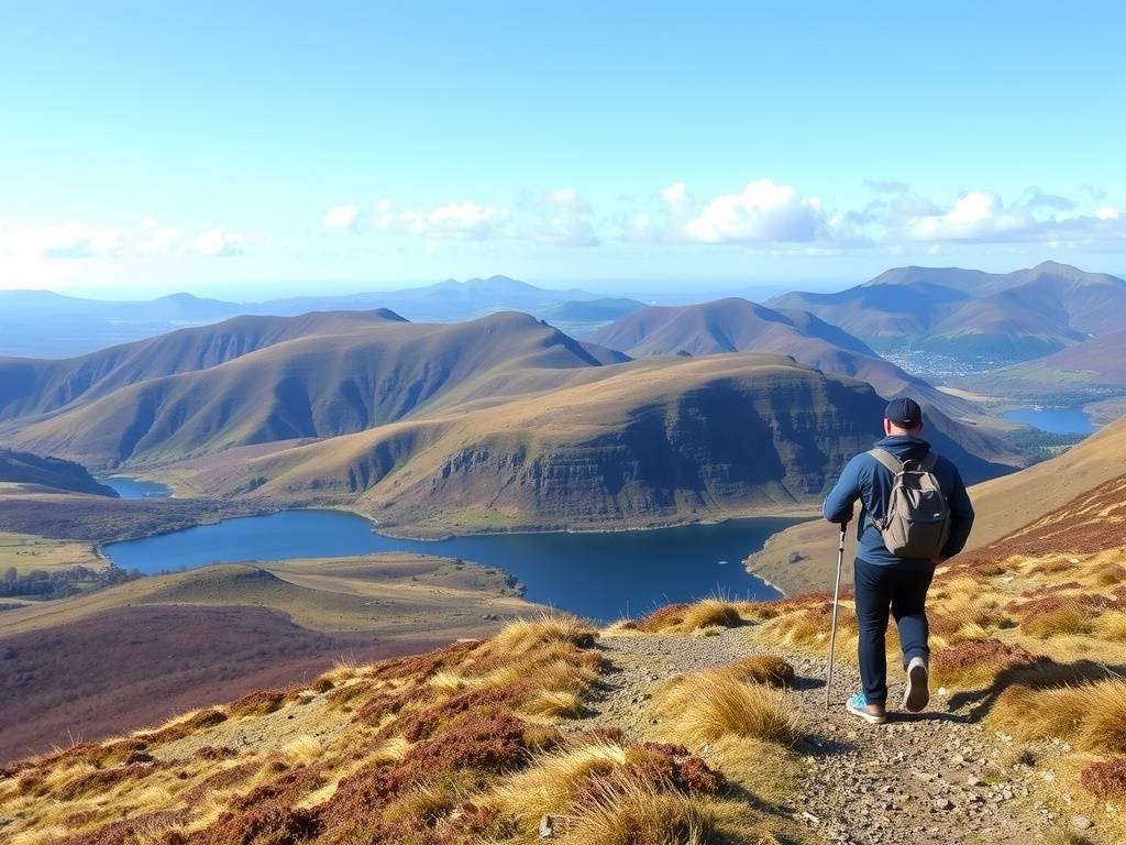 A hiker walking along the West Highland Way in Scotland, with mountains and a lake in the background.