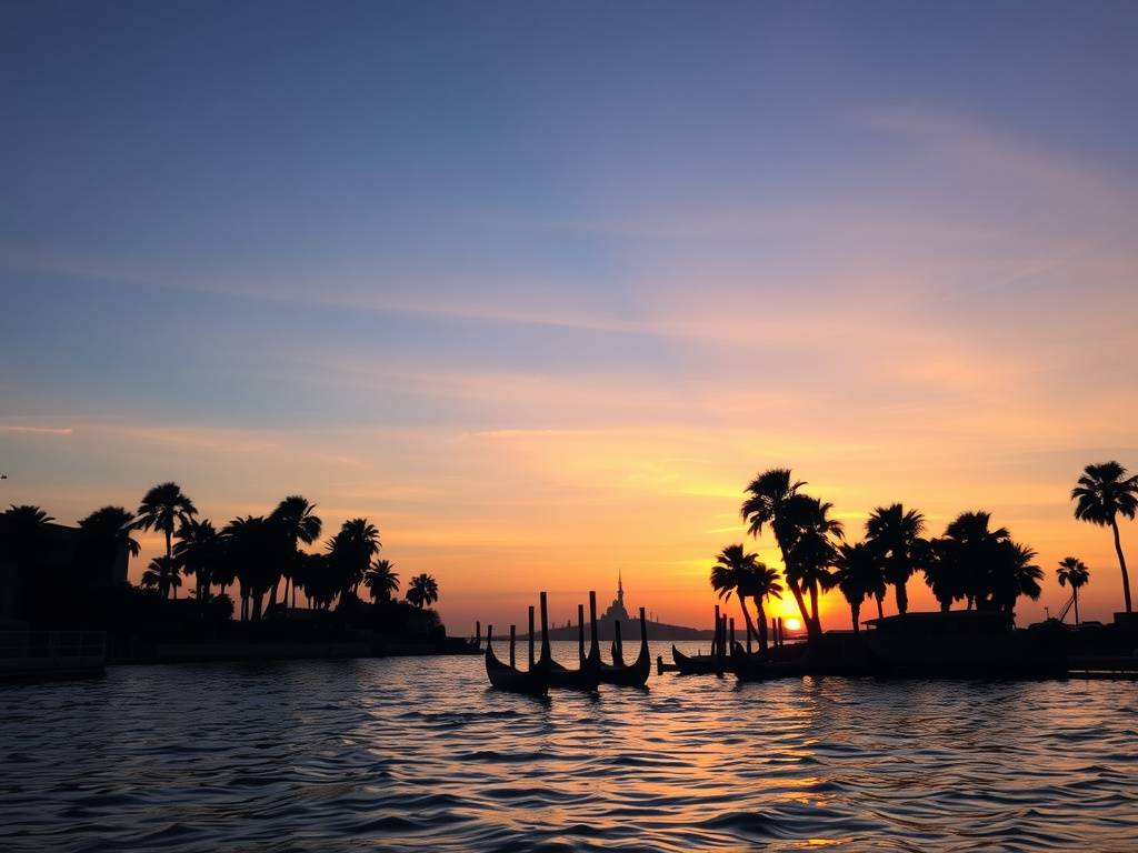 Silhouette of palm trees and a sunset over the water