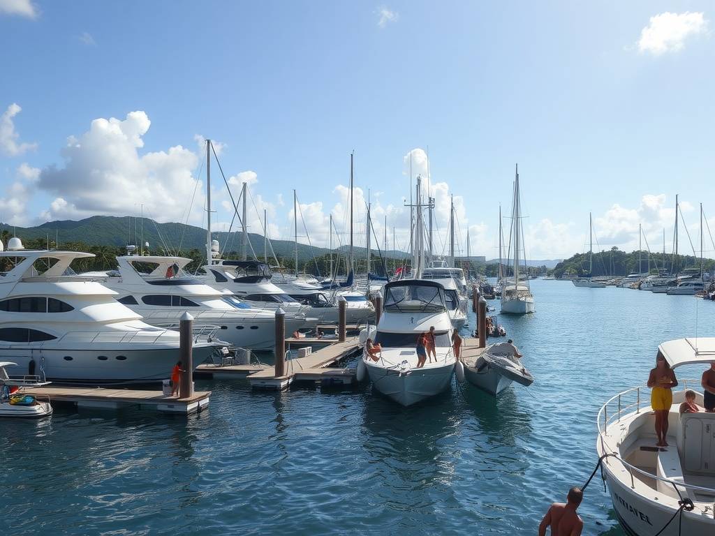 A bustling marina in Punta Cana filled with yachts and boats, reflecting a vibrant atmosphere.