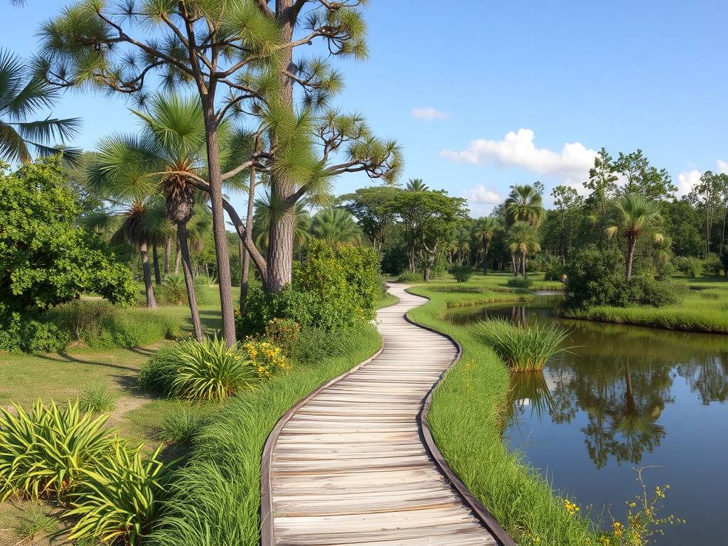 Wooden pathway through lush greenery in Indigenous Eyes Ecological Park