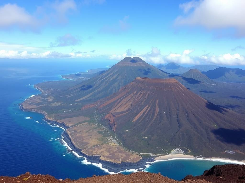 Une vue panoramique du volcan Teneguía à La Palma, mettant en valeur son paysage accidenté et l'océan environnant.